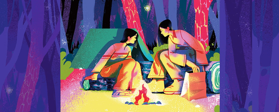 Illustration of two people having a campfire at night in the woods