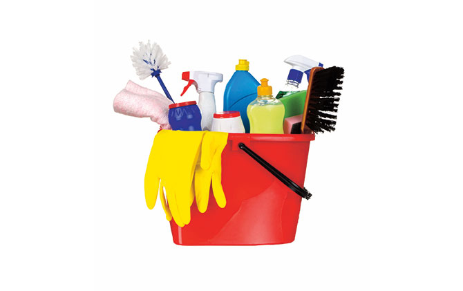 A bucket full of cleaning supplies