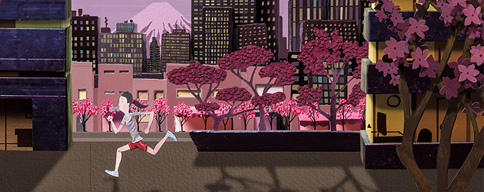 A woman jogging through a city.