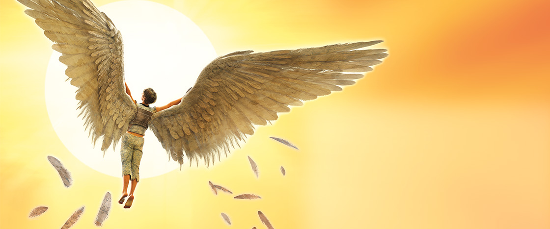 A man with wings flies toward the sun