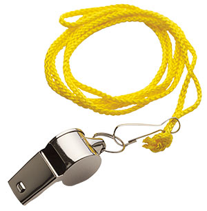 a small metal whistle on a yellow rope