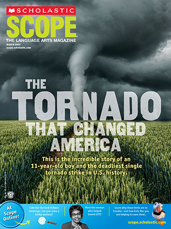 A large gray cloud twisting up into the sky with the headline "The Tornado that Changed America"