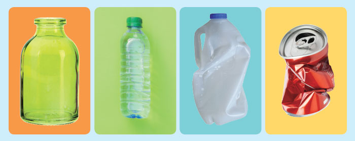 A glass bottle, a water bottle, a crushed milk bottle, and a crushed soda can