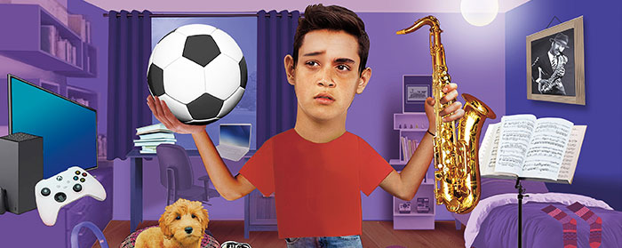 a boy with a concerned expression holding a soccer ball and saxophone