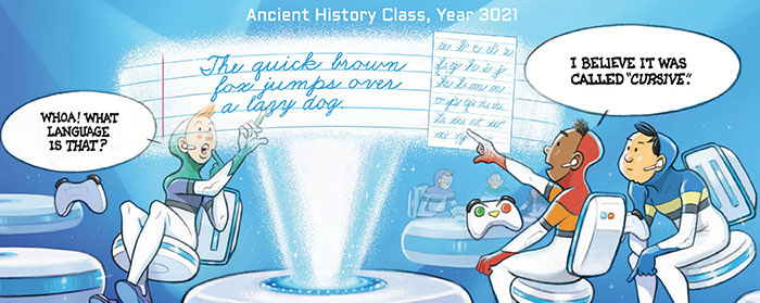 cartoon showing kids from the future confused by an example of cursive writing