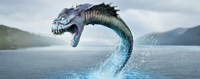 a long, thin monster rising out of the water