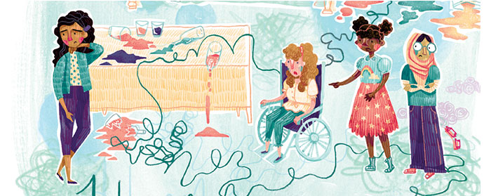 illustration of a table with spilled drinks broken bottles and people surrounding it looking upset