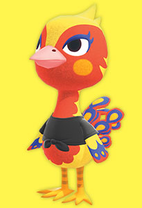 an image of a red and yellow bird from animal crossing