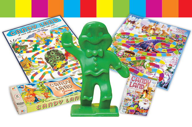 enlargeable photo of old candy land board and new candy land board with a green gingerbread man