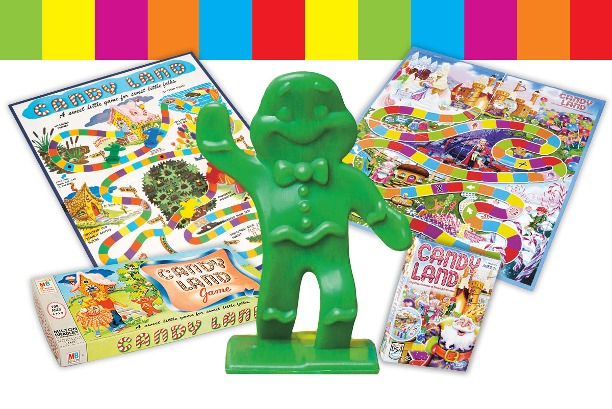 collage of old candy land board and the new candy land board with the green gingerbread man between