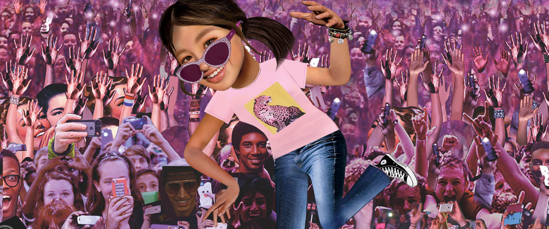 Illustration of a girl wearing sunglass and a pink shirt dancing in front of her fans