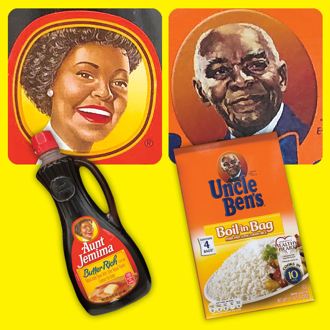 Enlargeable photo of a syrup bottle and rice bag with blown up images of the people on the packaging