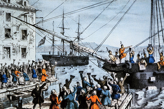 Illustration of people cheering on the harbor as other people on ships throw crates of tea overboard