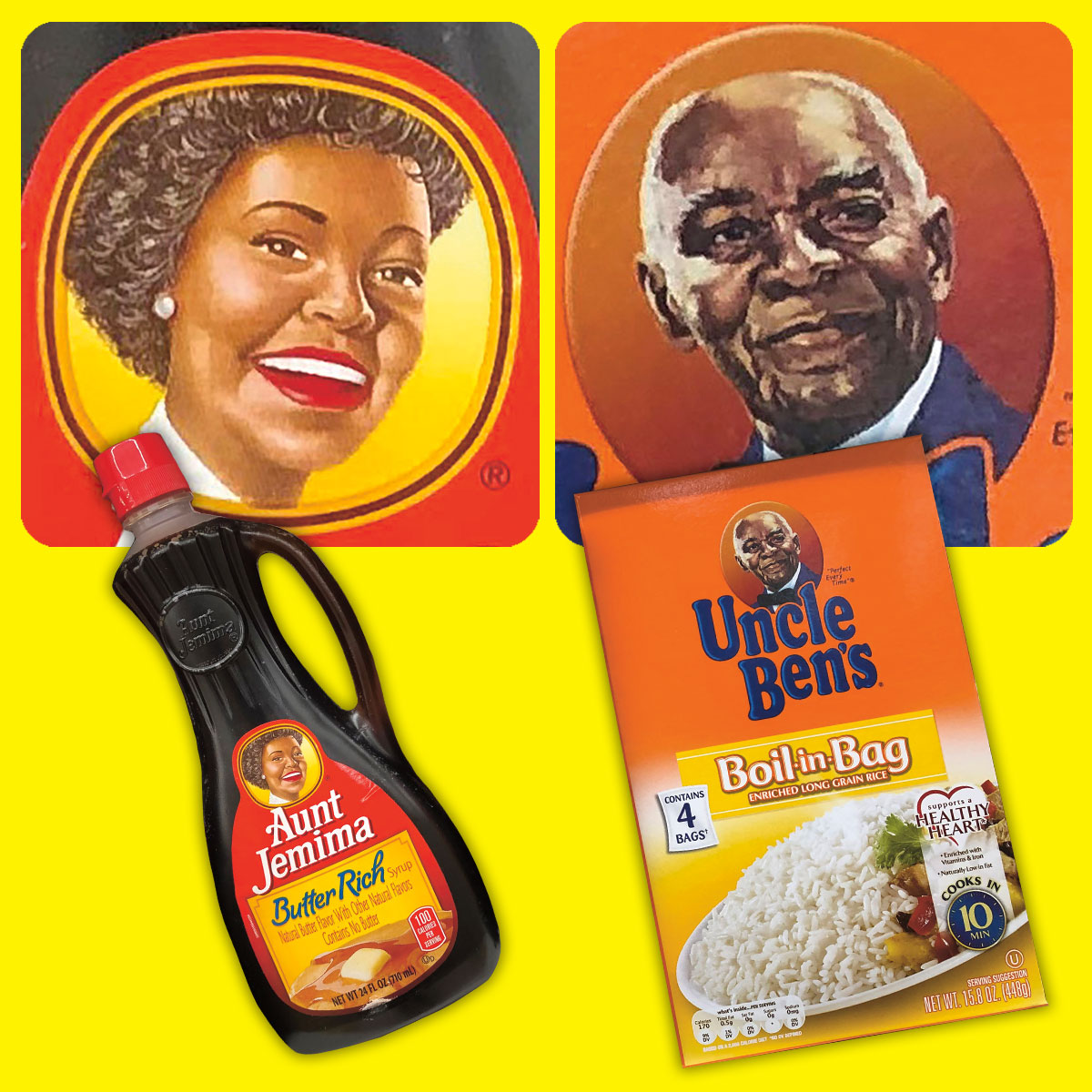 A syrup bottle and rice bag with blown up images of the people on the packaging