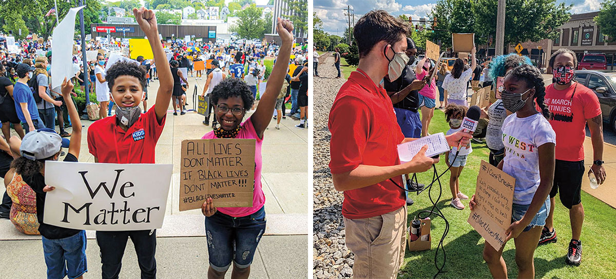 Children protesting as a boy interviews some of them