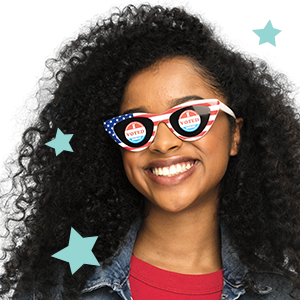 A girl with long curly hair wearing American flag sunglasses