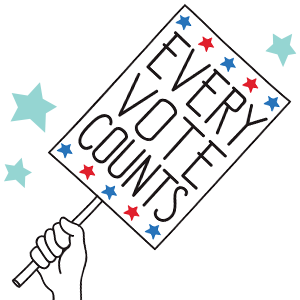 Illustration of a hand holding a sign saying "Every Vote Counts" with American flags behind it