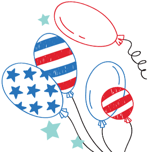 Illustration of five balloons with red, white, and blue stars and stripes
