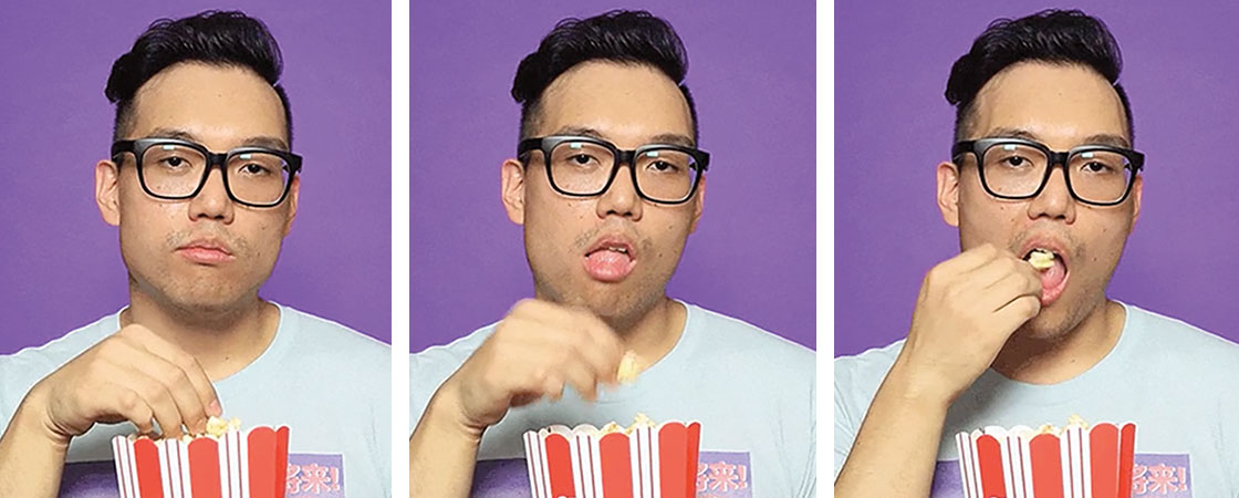 Three pictures of a man with black glasses eating popcorn in boredom