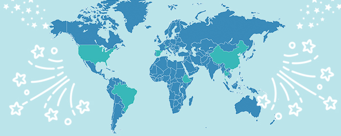 A world map with illustrated stars around it