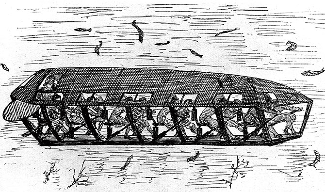 Black and white illustration of a large vessel under water with people inside rowing it forward