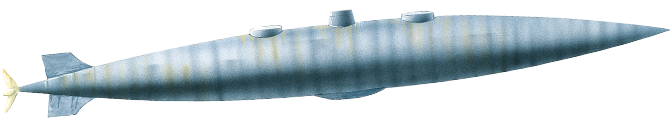 A missile-like vessel with a pointed tip and a propeller at the end of it