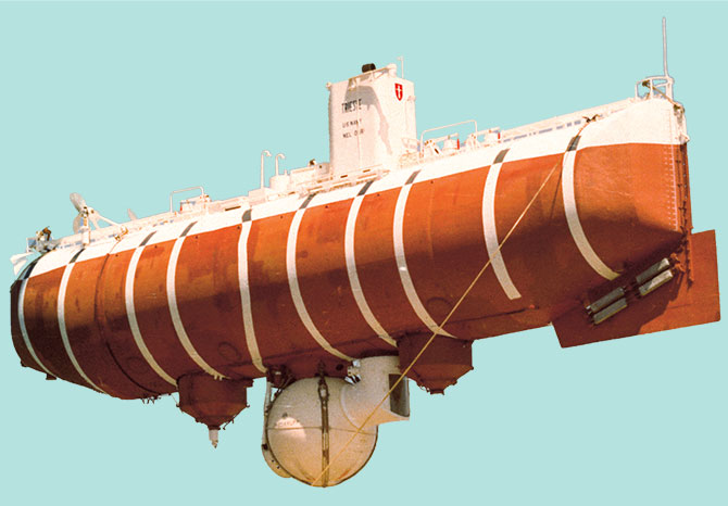 Enlargeable photo of large orange and white vessel with a sphere attatched to the bottom of it