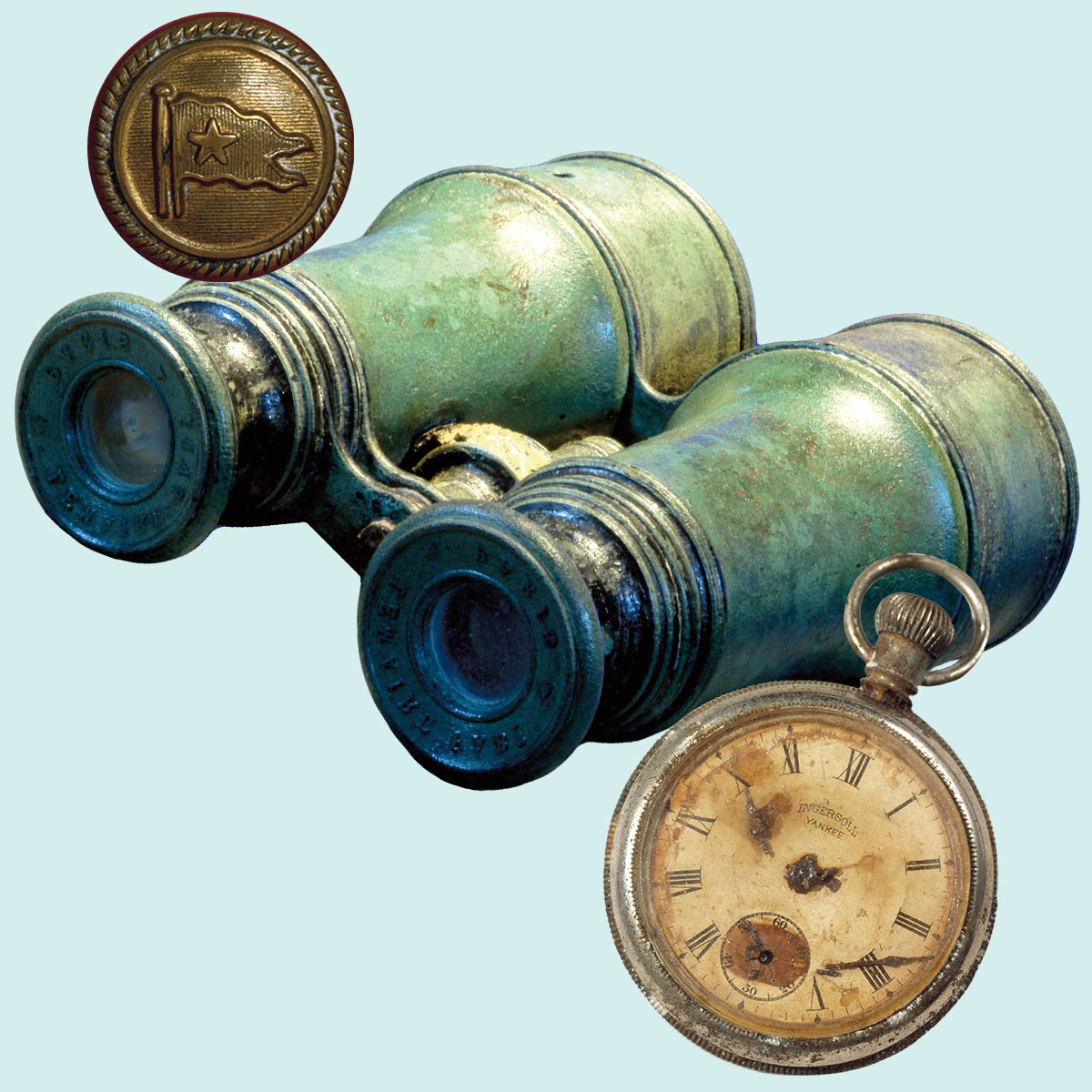 Binoculars, a compass, and a button with a flag on it