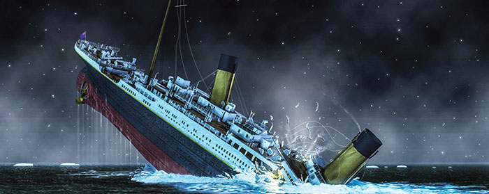 A large ship sinking in icy waters
