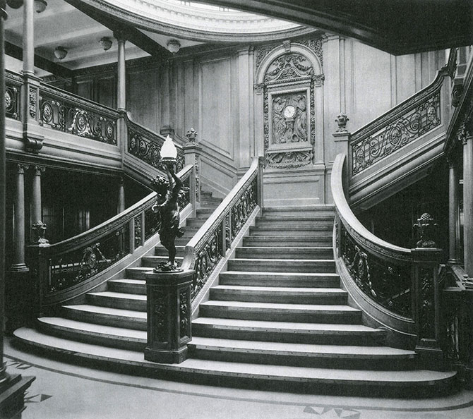 Black and white photo of wide elegant staircase