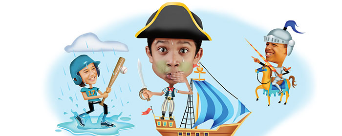 Illustration of children dressed as a pirate, a knight, and a baseball player