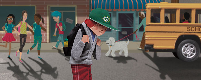 illustration of a boy walking sadly in front of a school bus