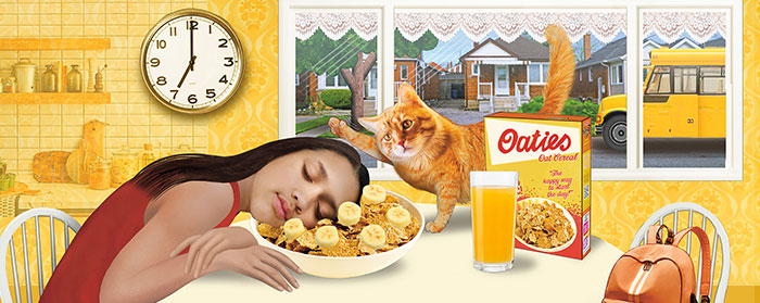 drawing of a girl falling asleep on her cereal while her cat pets her