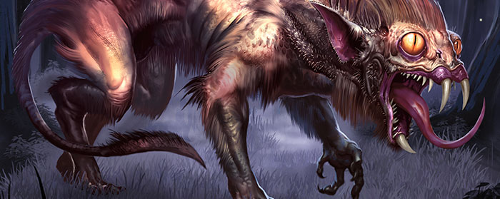 illustration of monster on four legs with vampire teeth and a long tongue