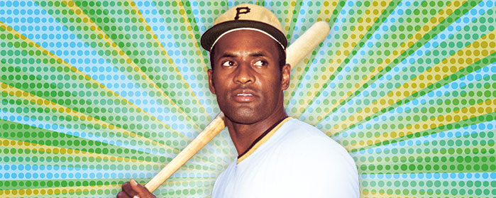 Roberto Clemente wearing a baseball cap and holding a bat in front of a green and yellow background