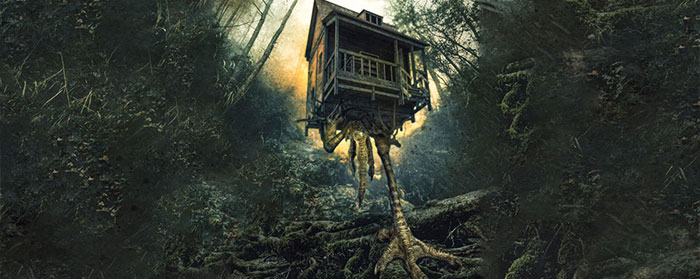 illustration of a forest with a house that&apos;s perched on chicken legs