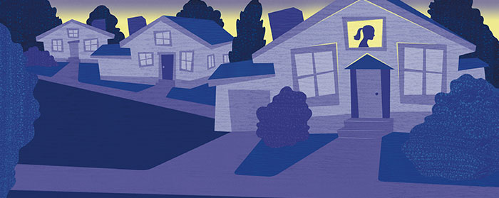purple illustration of a street full of houses, with a woman in the window of one house.
