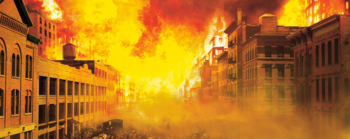 illustration of a city block on fire
