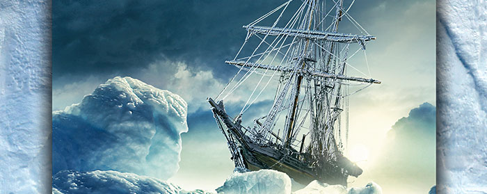 Illustration of a ship stuck on a large piece of ice