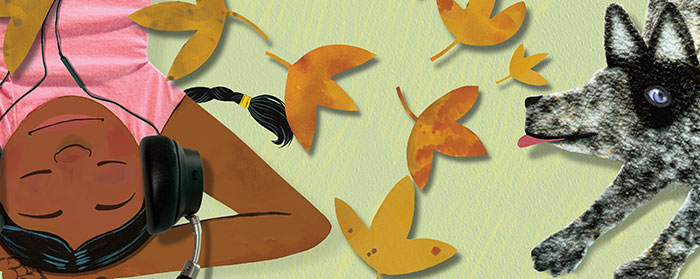 Illustration of a girl with pigtails laying in autumn leaves next to her black and gray dog