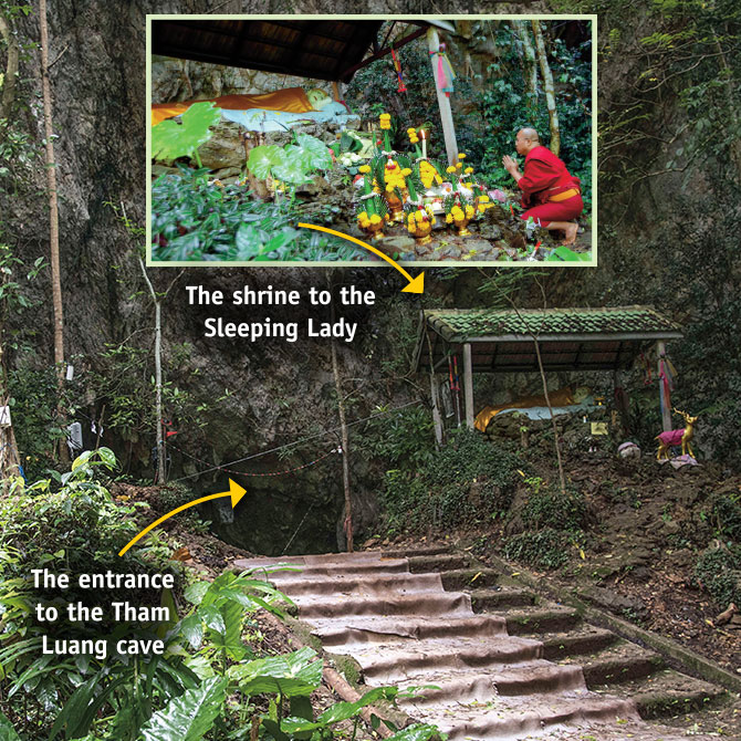Enlargeable photo of a shrine in a forest next to a cave entrance with a photo of someone praying