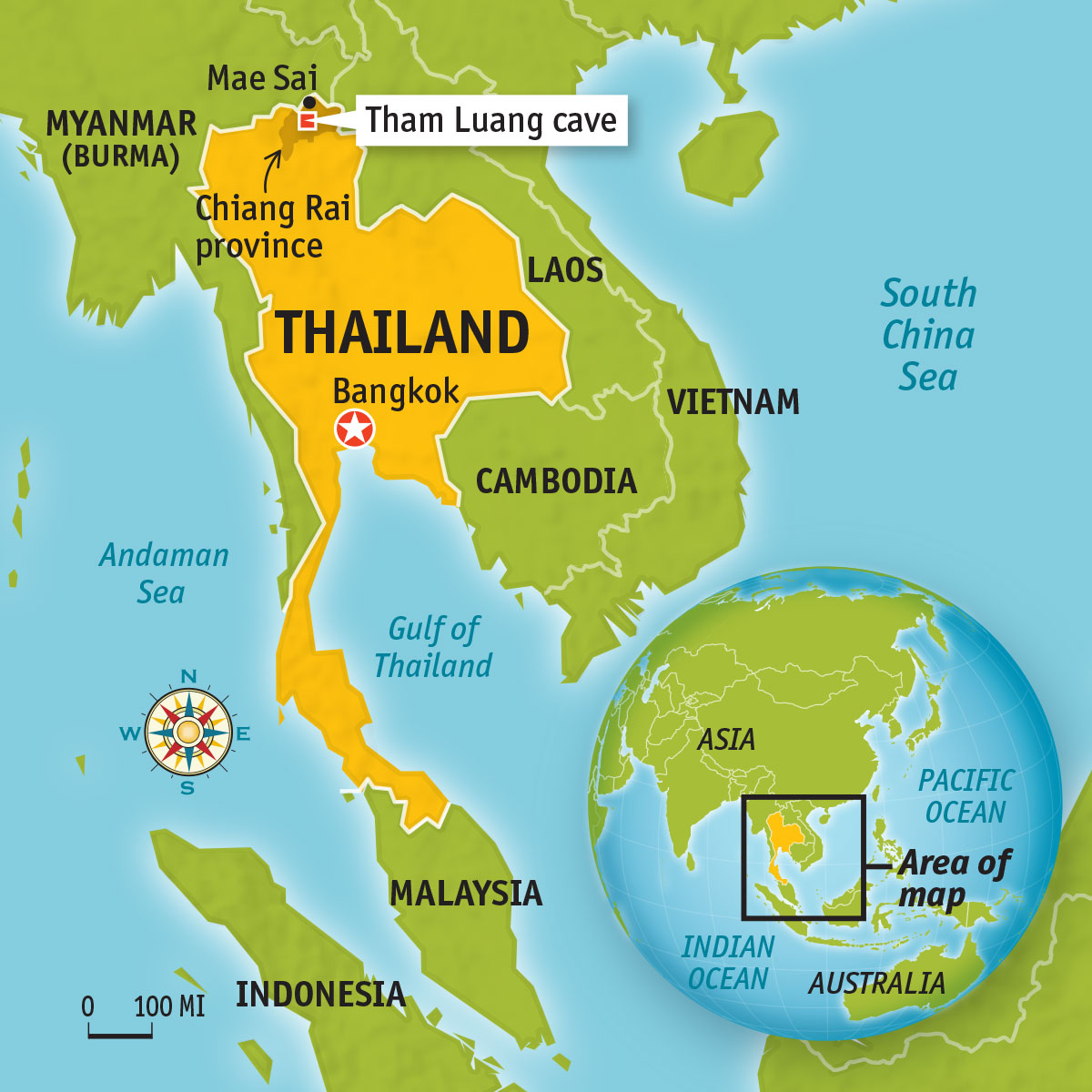 Map of Thailand and the location of the Tham Luang Cave within the Chiang Rai Province
