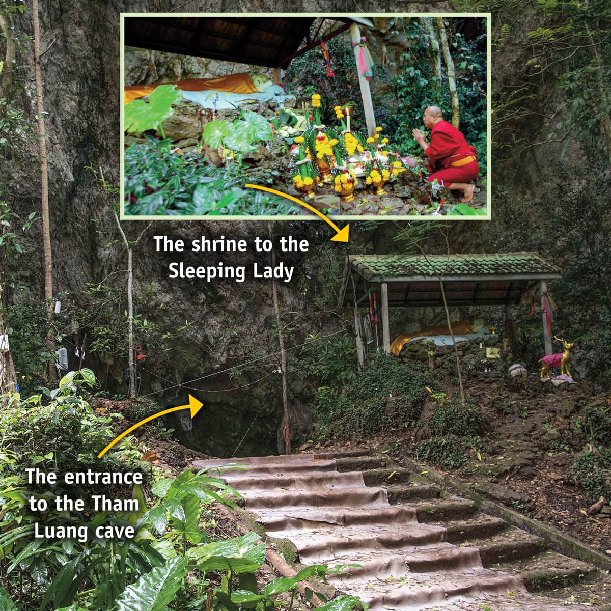 A shrine in a forest next to a cave entrance with a photo of someone praying