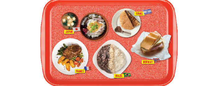 A red tray with school lunch from around the world