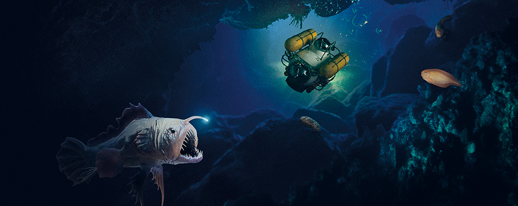 Illustration of a submarine in deep water next to a fish with a light over its face