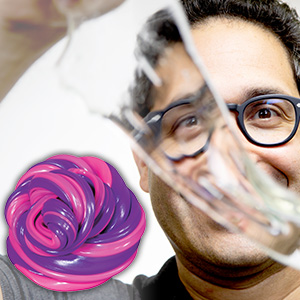 Image of a person holding clear slime in front of face and then pink & purple slime