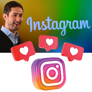 Image of the co-founder of Instagram and an icon of the app with heart likes