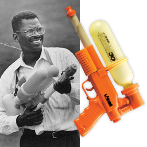 Black & white photo of the inventor of the Super Soaker and an image of the toy included