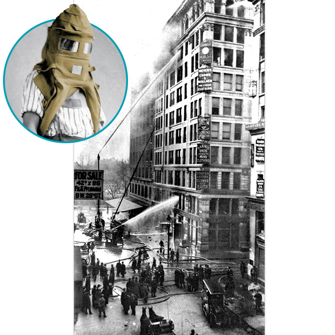 Enlargeable black & white photo of a fire breaking out in building in the 1900s with fire mask shown