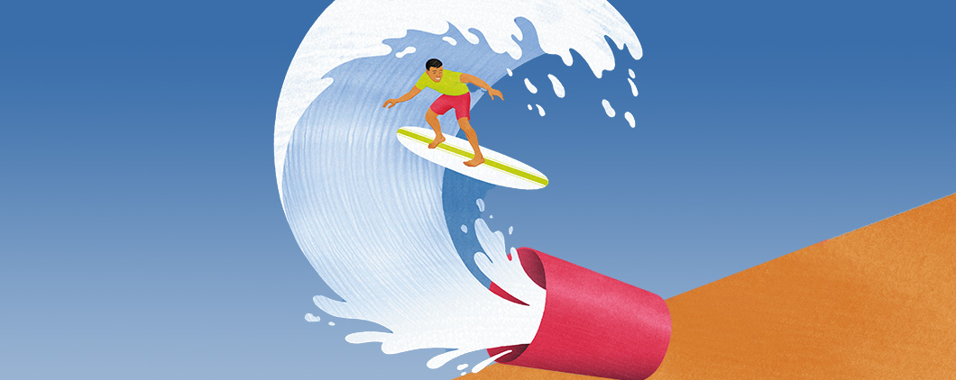 Illustration of a person surfing through milk spilled out of a red cup